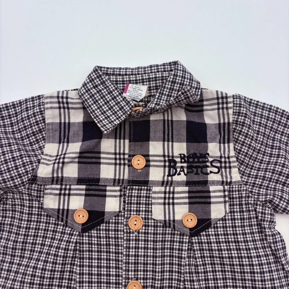 Boys Basics Coverall Boys 3-6 Months Blue Plaid Collared Button‎ Woven One Piece